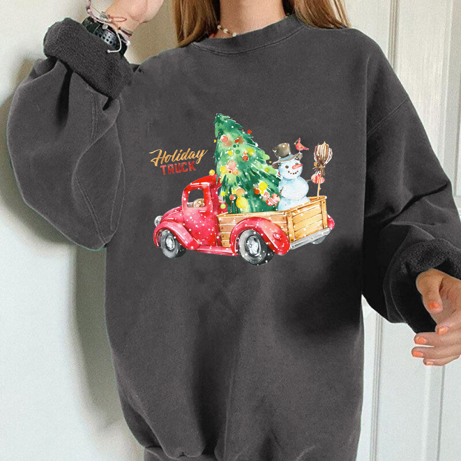 Christmas truck pull print shoulder poleneck hoodie
