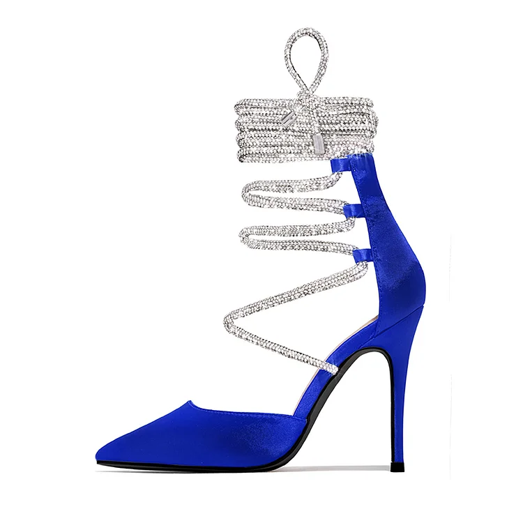 Royal Blue Stiletto Heel Pointy Suede Pumps Rhinestone Wrapped Shoes |FSJ Shoes