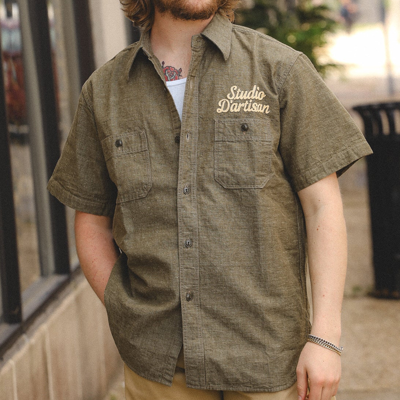Men's Classic Olive Green Cotton and Linen Short Sleeve Work Shirt