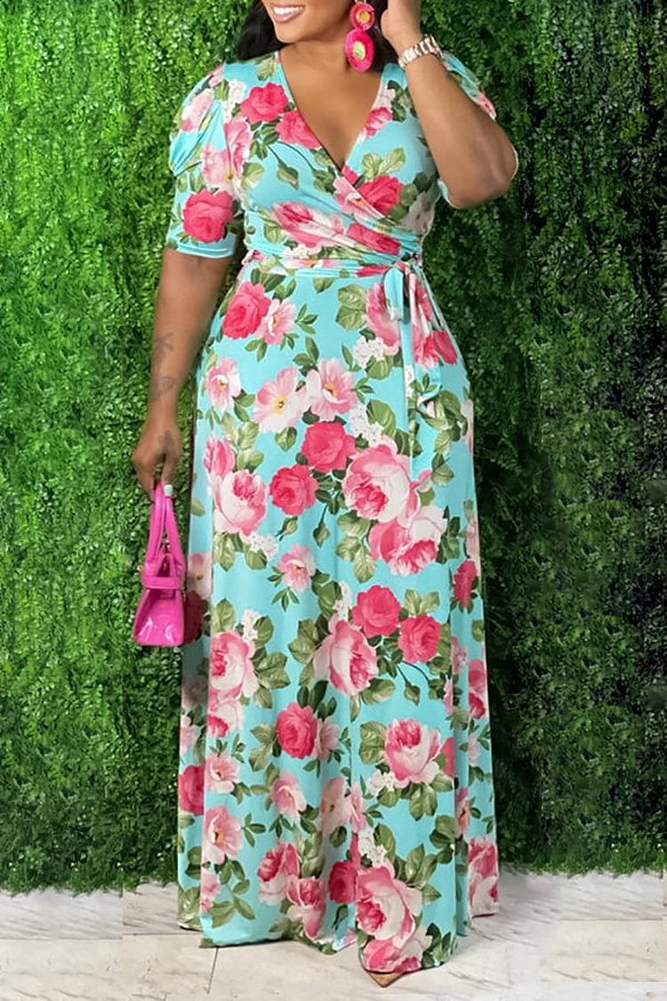 Plus Size Daily Tropical Floral Print Short Sleeves Maxi Dress 