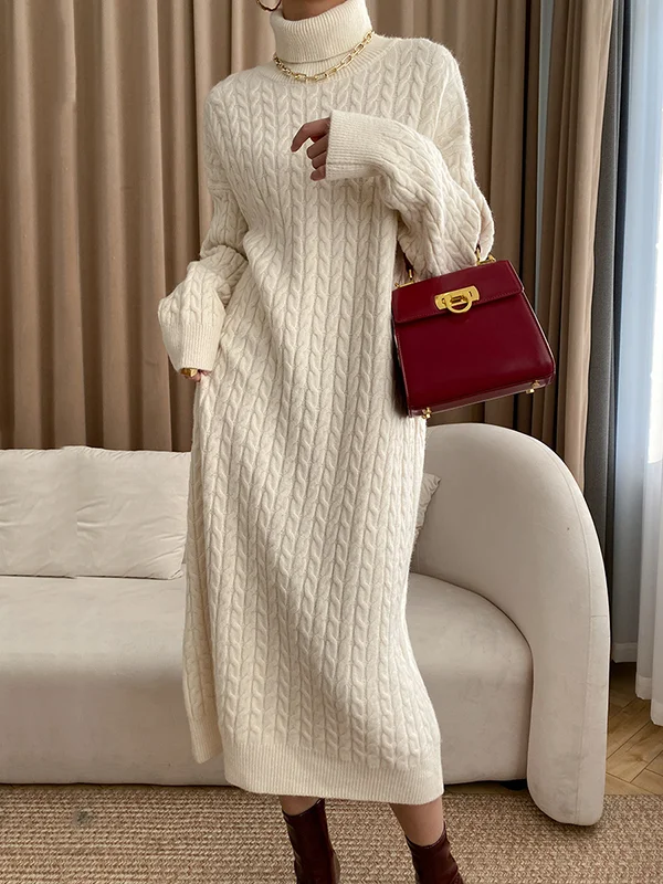 Casual Long Sleeves Roomy Jacquard Pure Color High-Neck Sweater Dresses