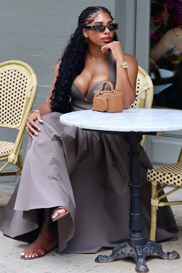 Halter Neck Cinch Waist Solid Color Maxi Dresses-Grey