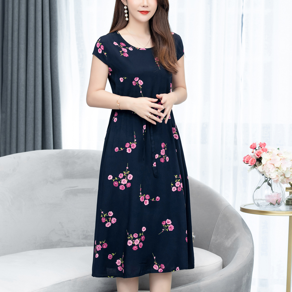 New Fashion Casual Loose Print Elegant O-neck Short Sleeve Floral Dress
