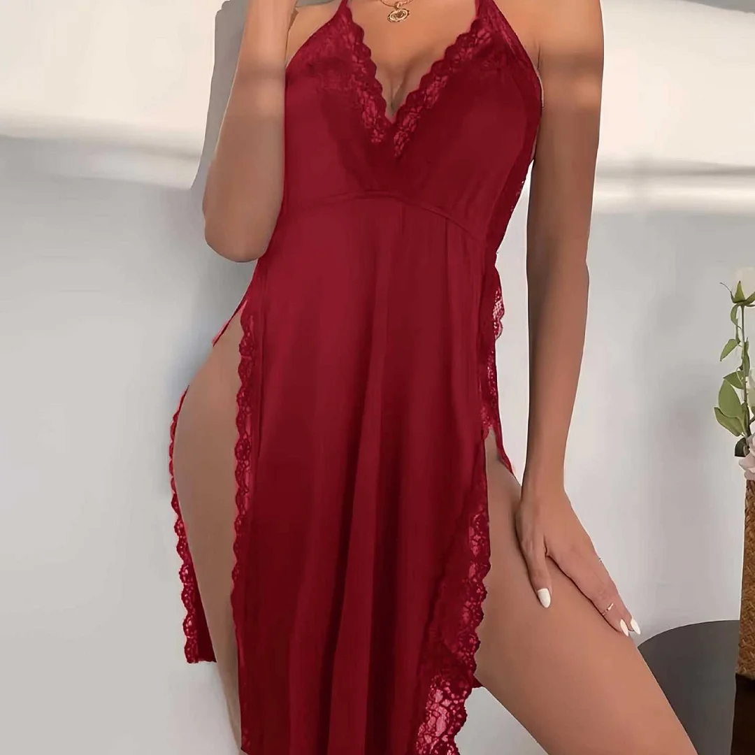 Wongn Wongn Selling Sexy Pajamas Hanging Neck Sleeping Dress Show Back Large Size Suit Open Fork Home Clothing Source Factory