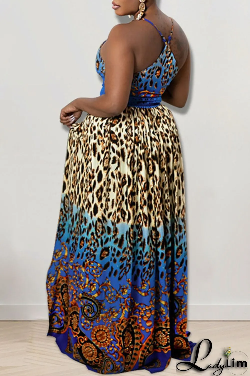 Blue Sexy Print Patchwork Slit Fold Spaghetti Strap Straight Dresses