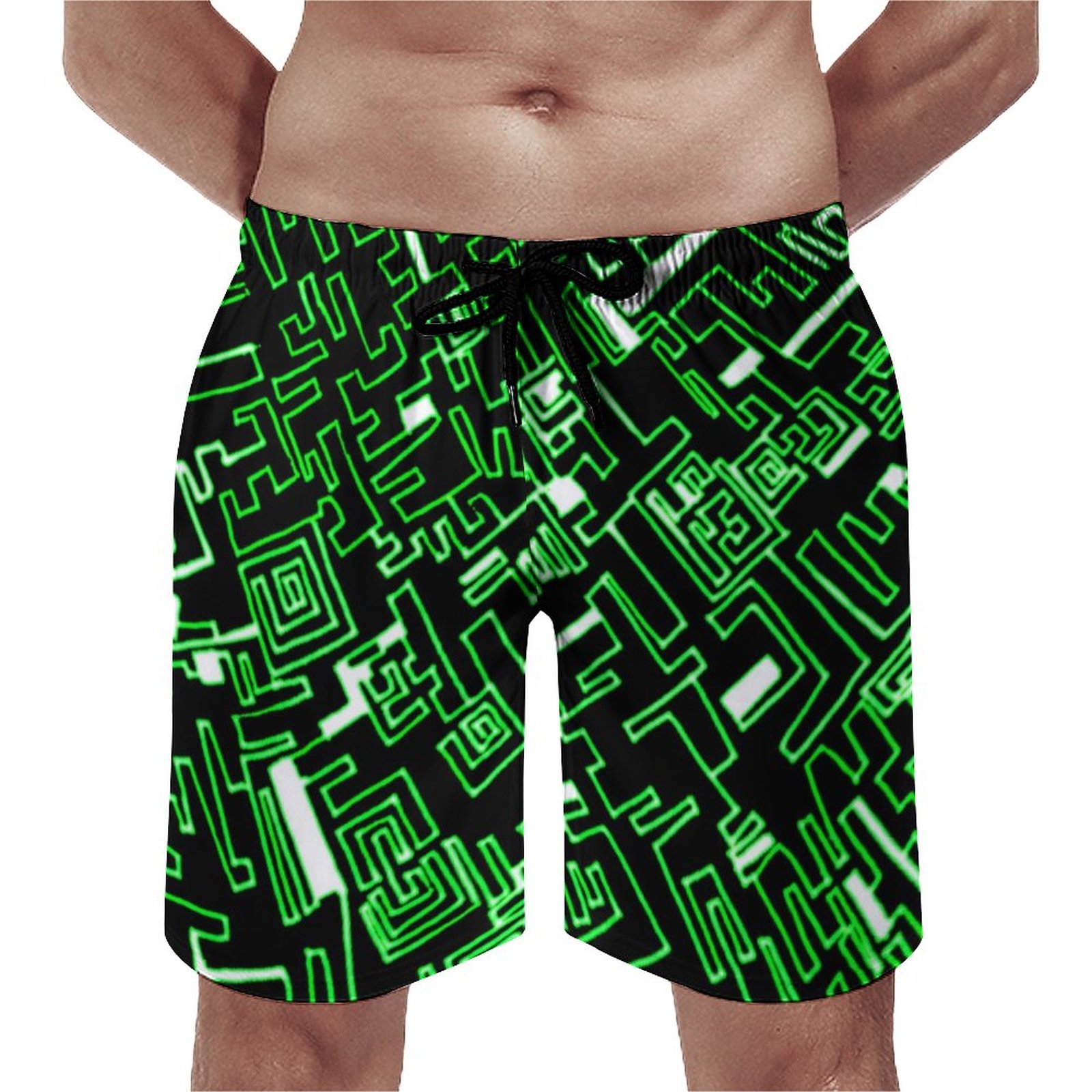 Groovy Black Green Elegant Men's Swim Trunks Summer Board Shorts Quick Dry Beach Short with Pockets
