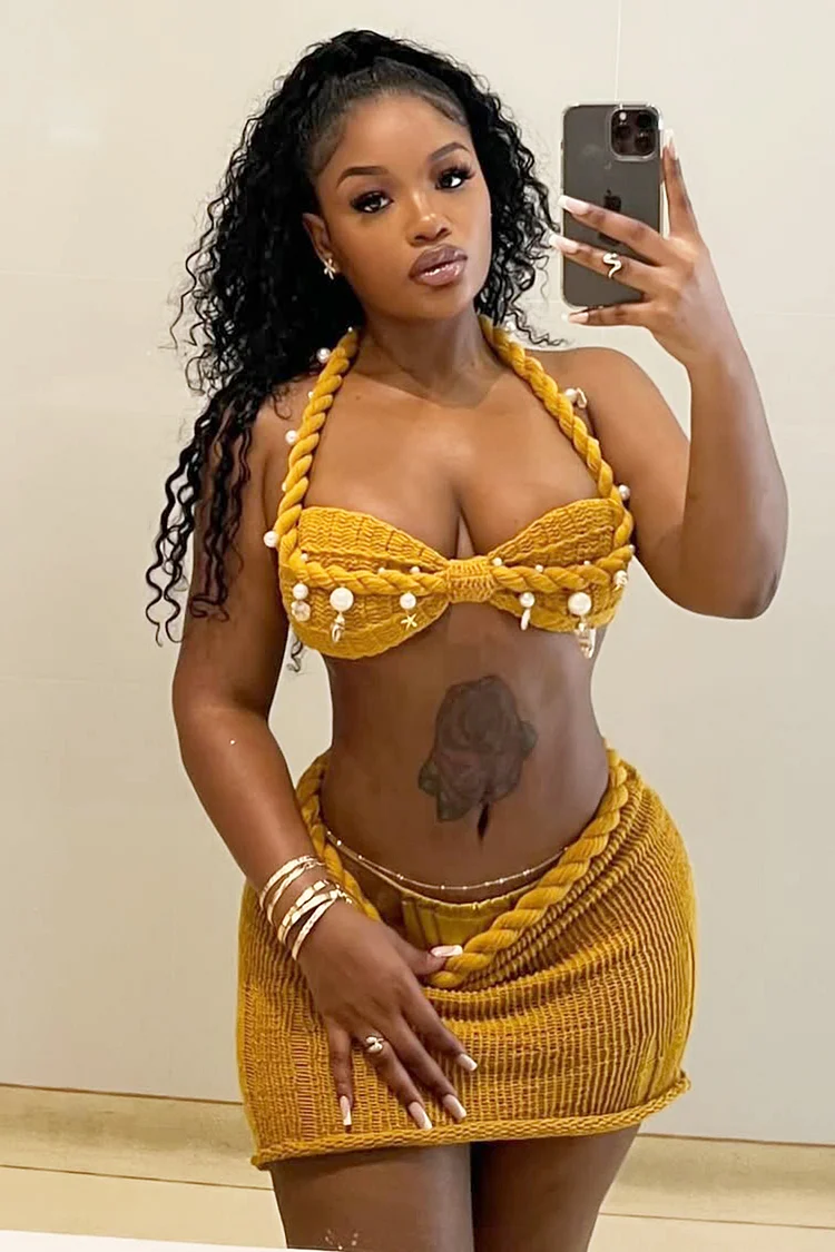 Braid Halter Bra Top Slim Mini Skirt Vacay Knit 2pcs Set-Yellow [Pre Order]