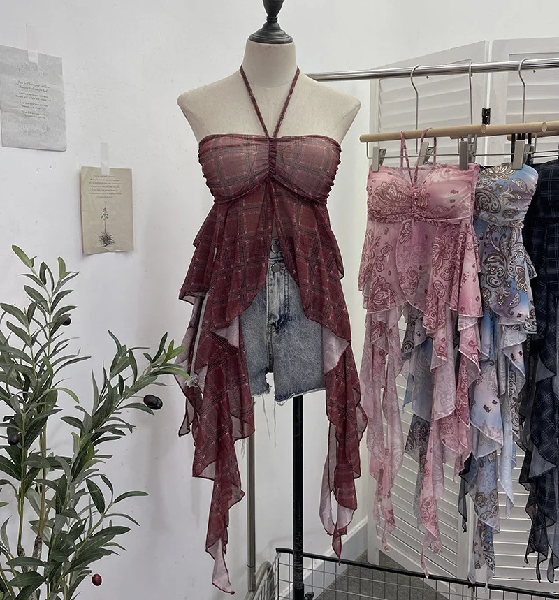 Uveng Summer Irregular Ribbon Hottie Hanging Neck Tector Screen Printing With Chest Pad Short Sling Vest 6668