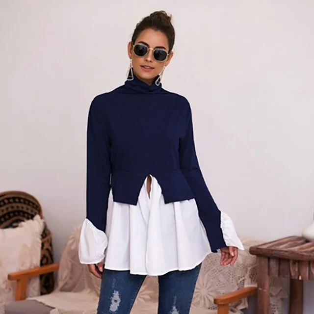 2021 Autumn Patchwork Pullovers Knitted Sweater For Women Turtleneck Flare Sleeve Lrregular Female Jumper Sweaters Woman Clothes