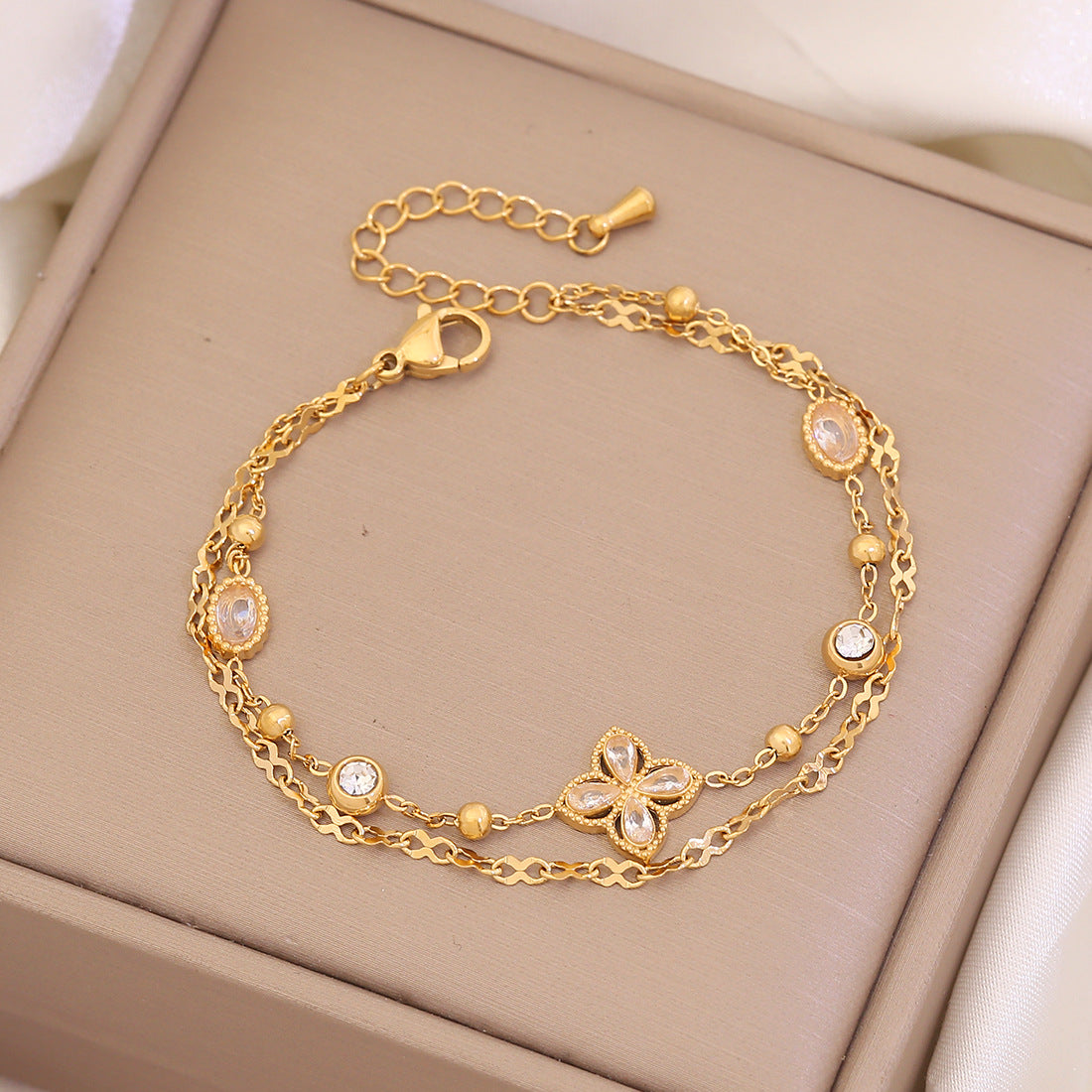 Diamond Flower Double Bracelet Pearl Bracelet Titanium Steel Female B620