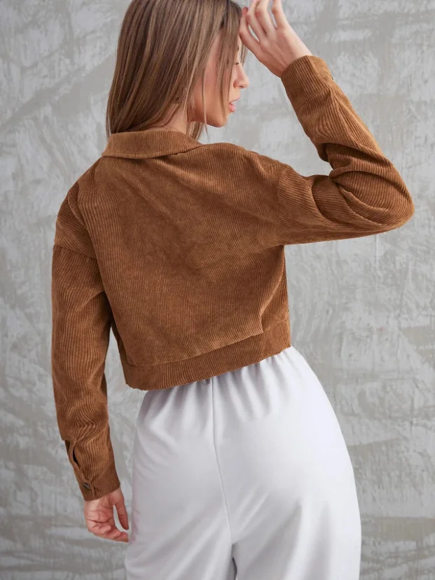 Nigikala Nigikala Women's Corduroy Flip Pocket Button Short Casual Jacket Jacket