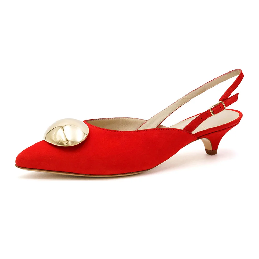 Pointed Toe Low Heel Buckled Slingback Red Pumps with Gold Detail
