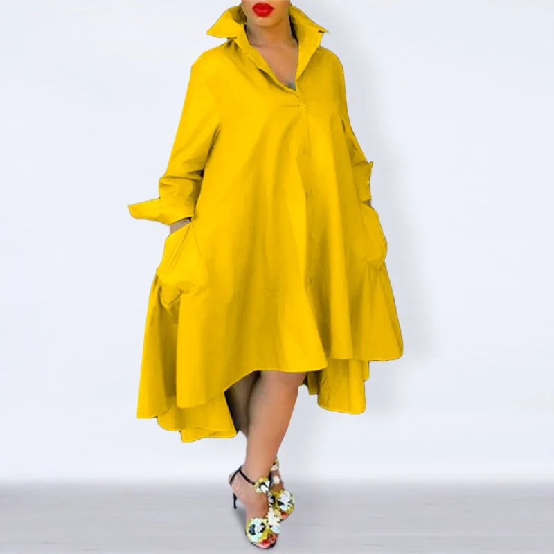 Plus Size Women Dress 2022 Women Casual Turn Down Neck Shirt Dresses VONDA Bohemian Vestidos Party Robe Long Sleeve Sundress