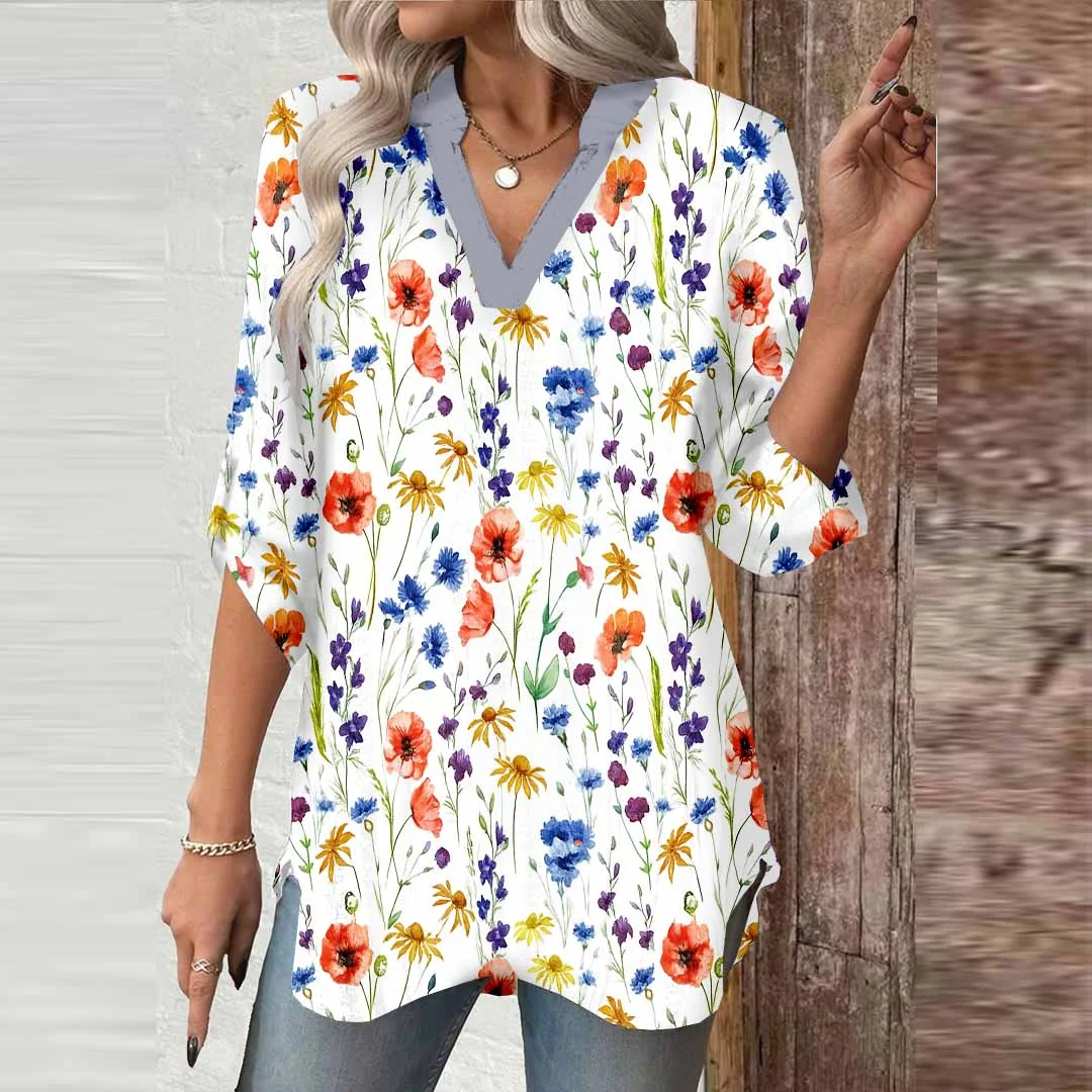 Women Floral,Colorful,Red DZGA0568 3/4 Sleeve V-neck Printed Graphic Button Tops