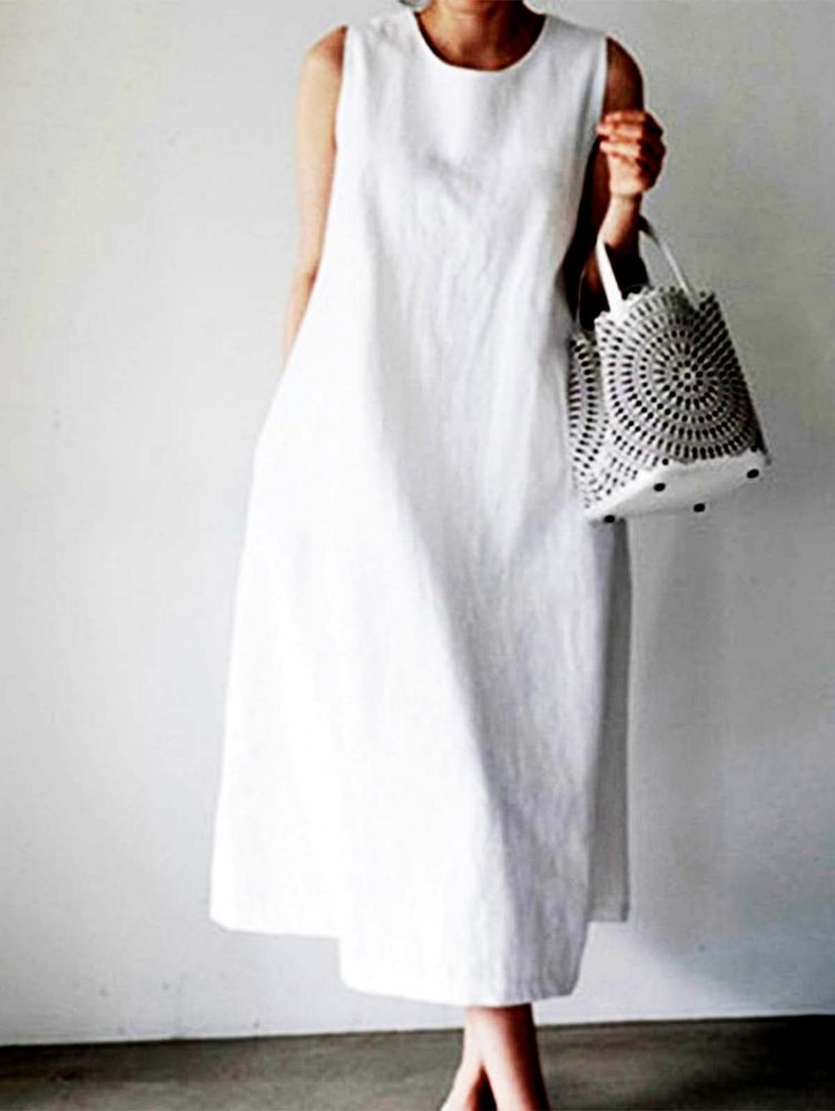 Loose Solid Color Pocket Sleeveless Cotton And Linen Dress