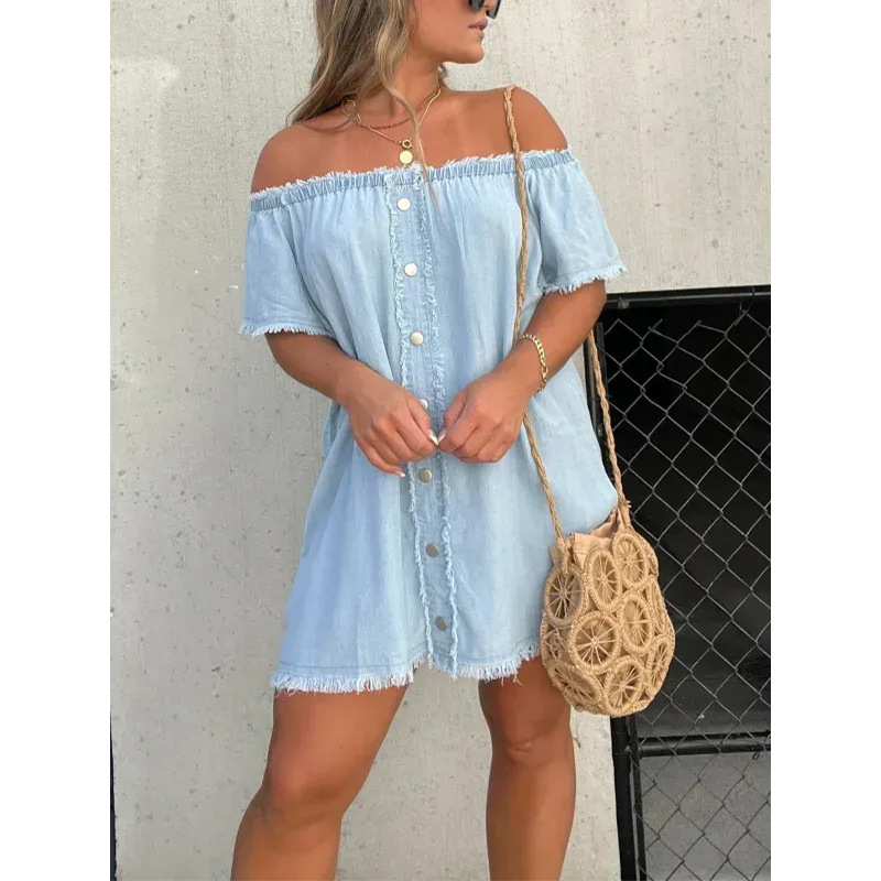 Mature Women Summer Denim Off-shoulder Tassel Dress
