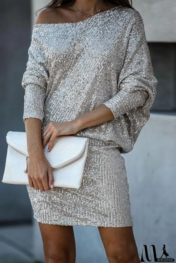 Sparkle This Holiday Slash Neck Batwing Sleeve Sequin Dress