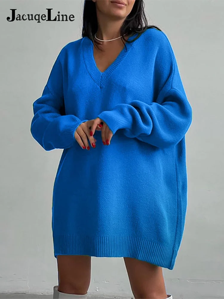 JacuqeLine Autumn Winter 2021 Y2K Sexy Knitted Women's Dress Sweater Oversize Long Sleeve V Neck Casual Top Mini Party Dresses