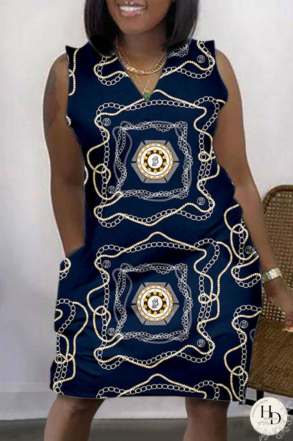 Colour Casual Print Basic V Neck Sleeveless Dress Dresses