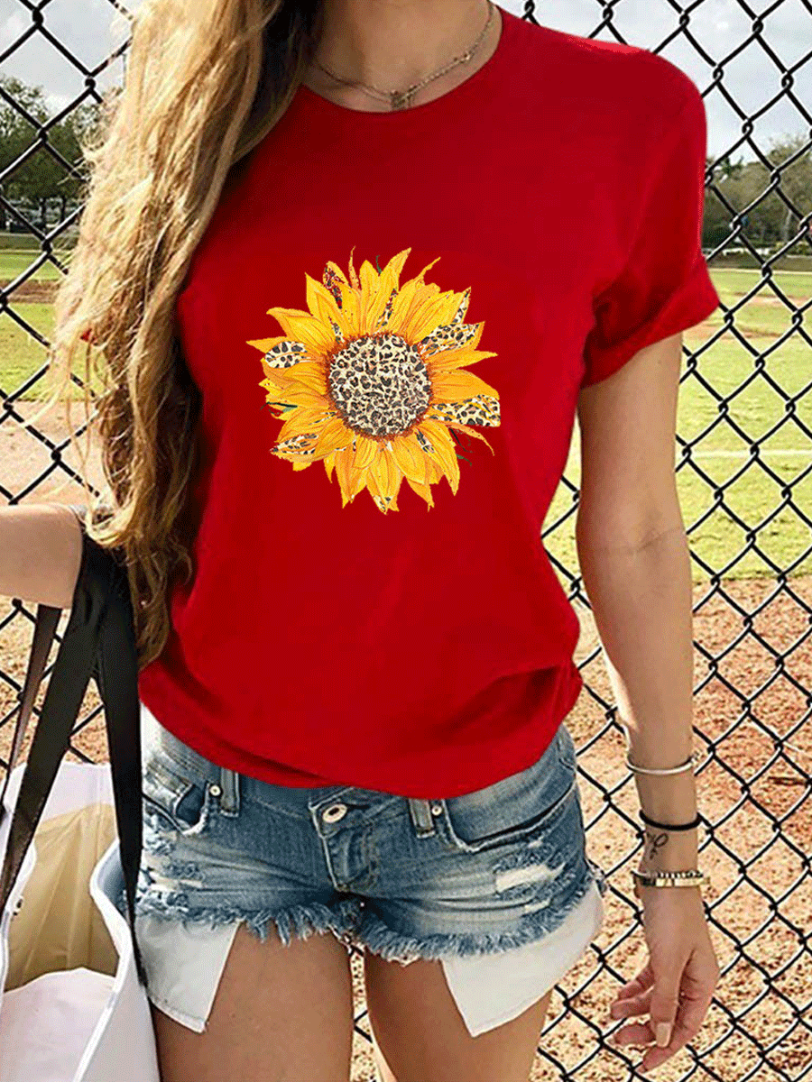 Leopard Sunflower Print Short Sleeve T-shirt