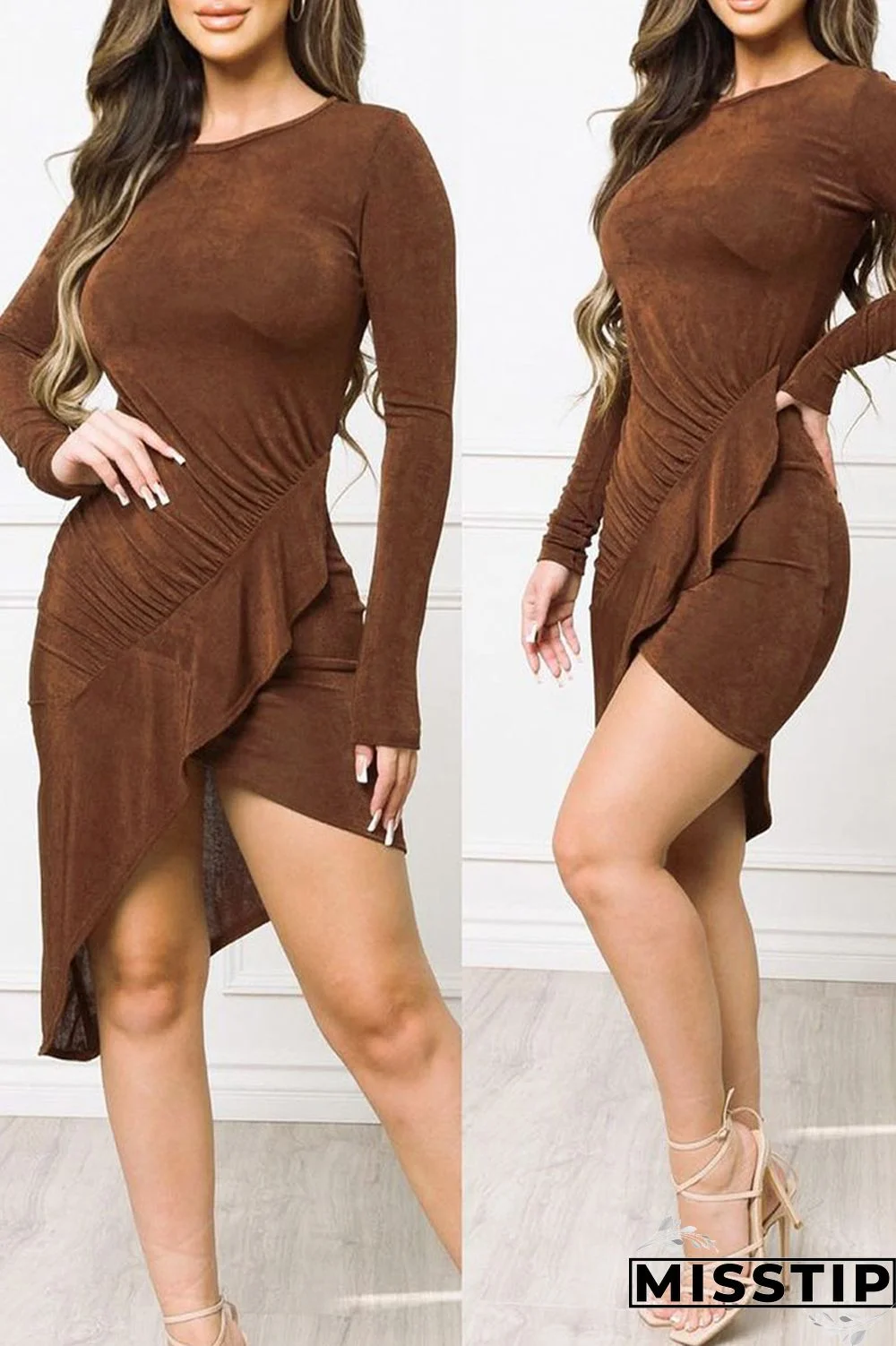 Brown Casual Solid Patchwork Asymmetrical Stringy Selvedge O Neck Irregular Dress Dresses