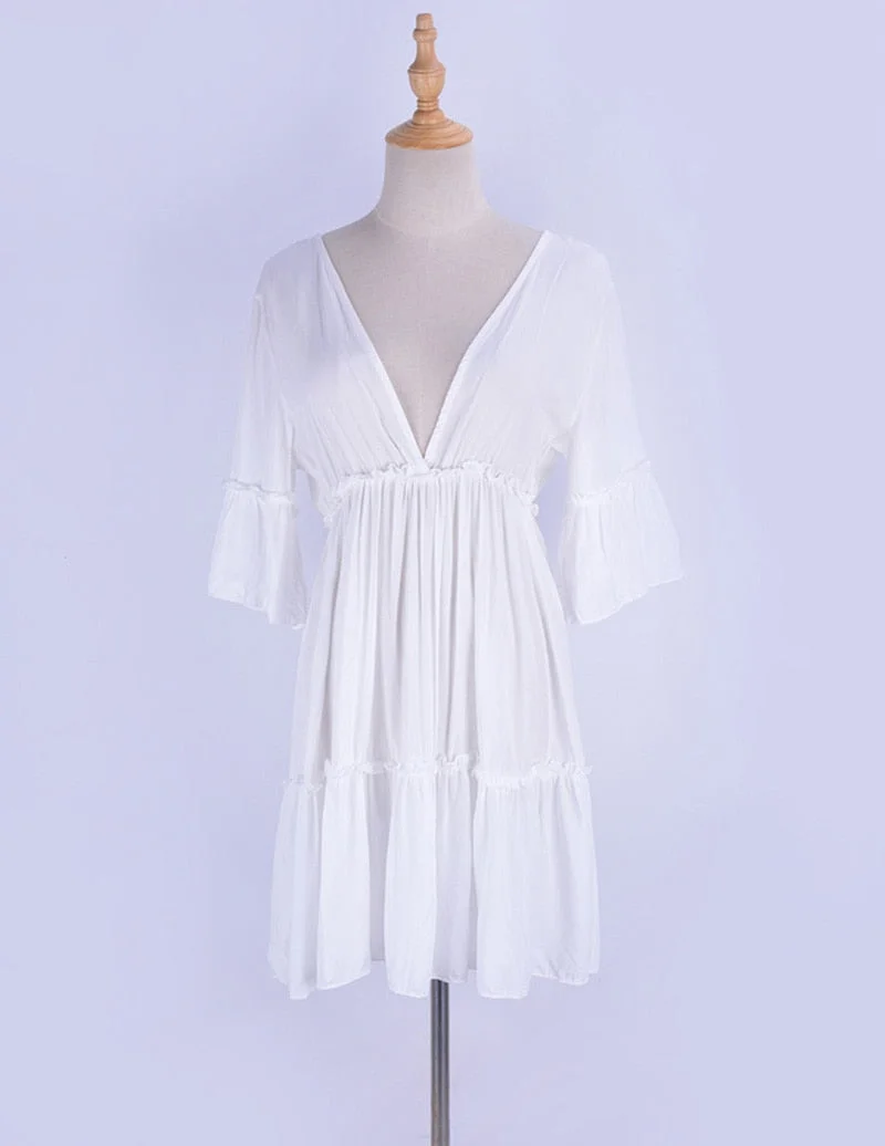 Fitshinling Deep v neck white summer dress women flare sleeve ruffles sexy slim boho beach dresses holiday solid A-line pareos