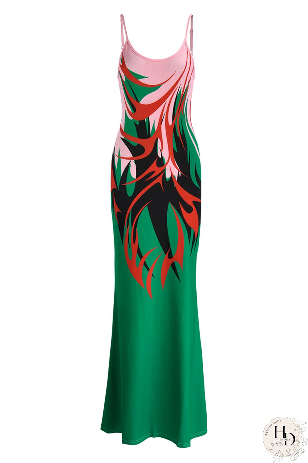 Ginger Fashion Sexy Print Backless Spaghetti Strap Long Dress