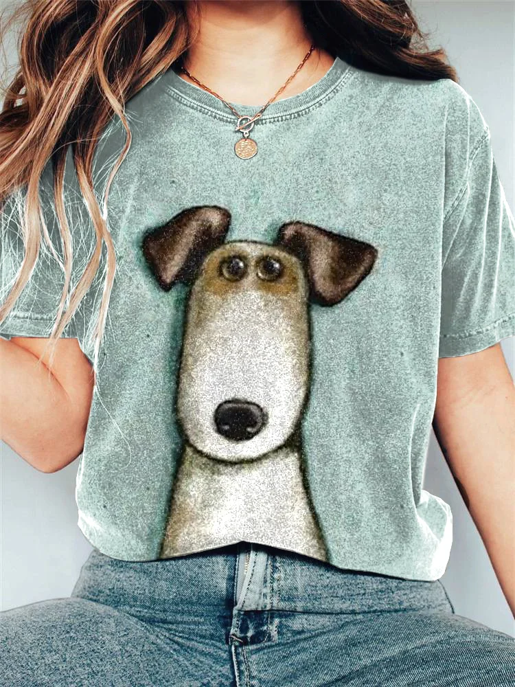 Cute Cartoon Dog Print Cotton Blend T-shirt