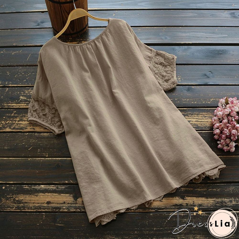 Summer Women Short Sleeve Solid Cotton Shirt Lace Mesh Patchwork Loose Blouse Tops