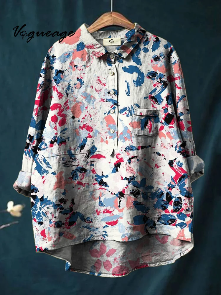 Fashion Colorful Oil Painting Spots Print Cotton And Linen Shirt