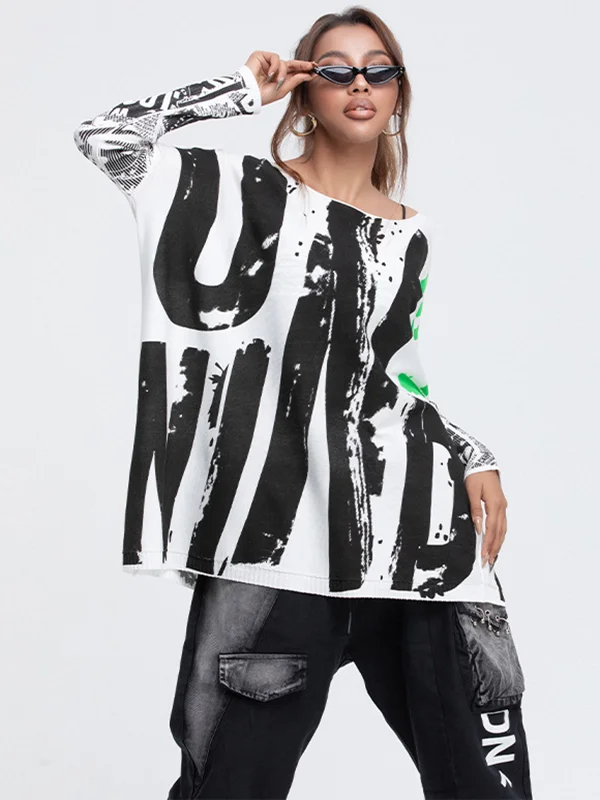 Casual Batwing Sleeves Contrast Color Letter Print Pullover
