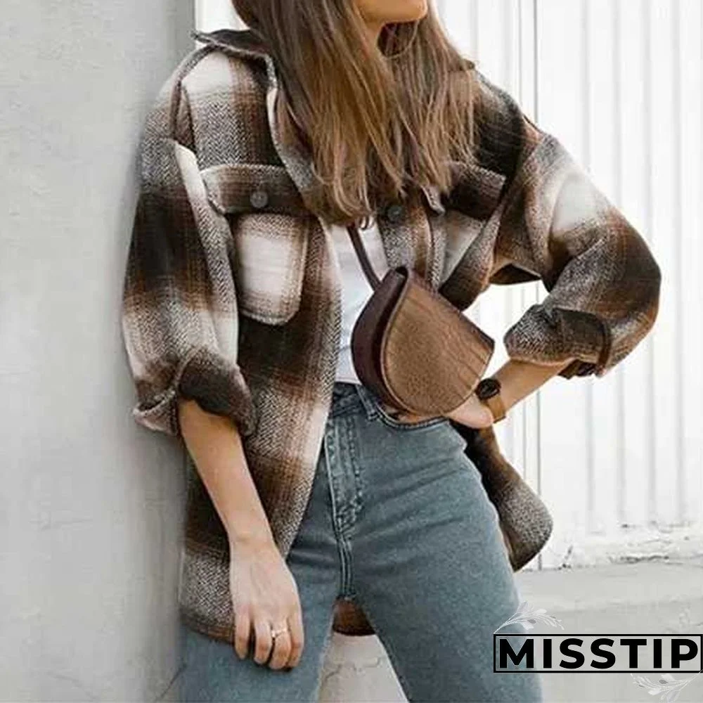 Classic Thick Colorblock Checked Button Down Shirt Jacket Woolen
