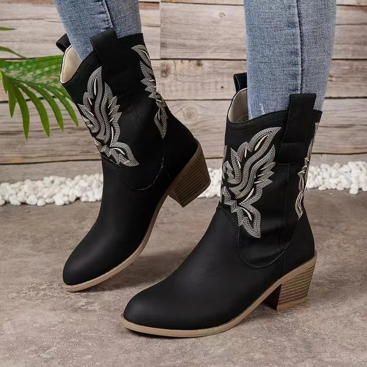 Breakj Breakj Women's Embroidery Sleeves Vintage Boots Vintage Mid-Cute Head Western Cowboy Boots For Fall/Winter 2025