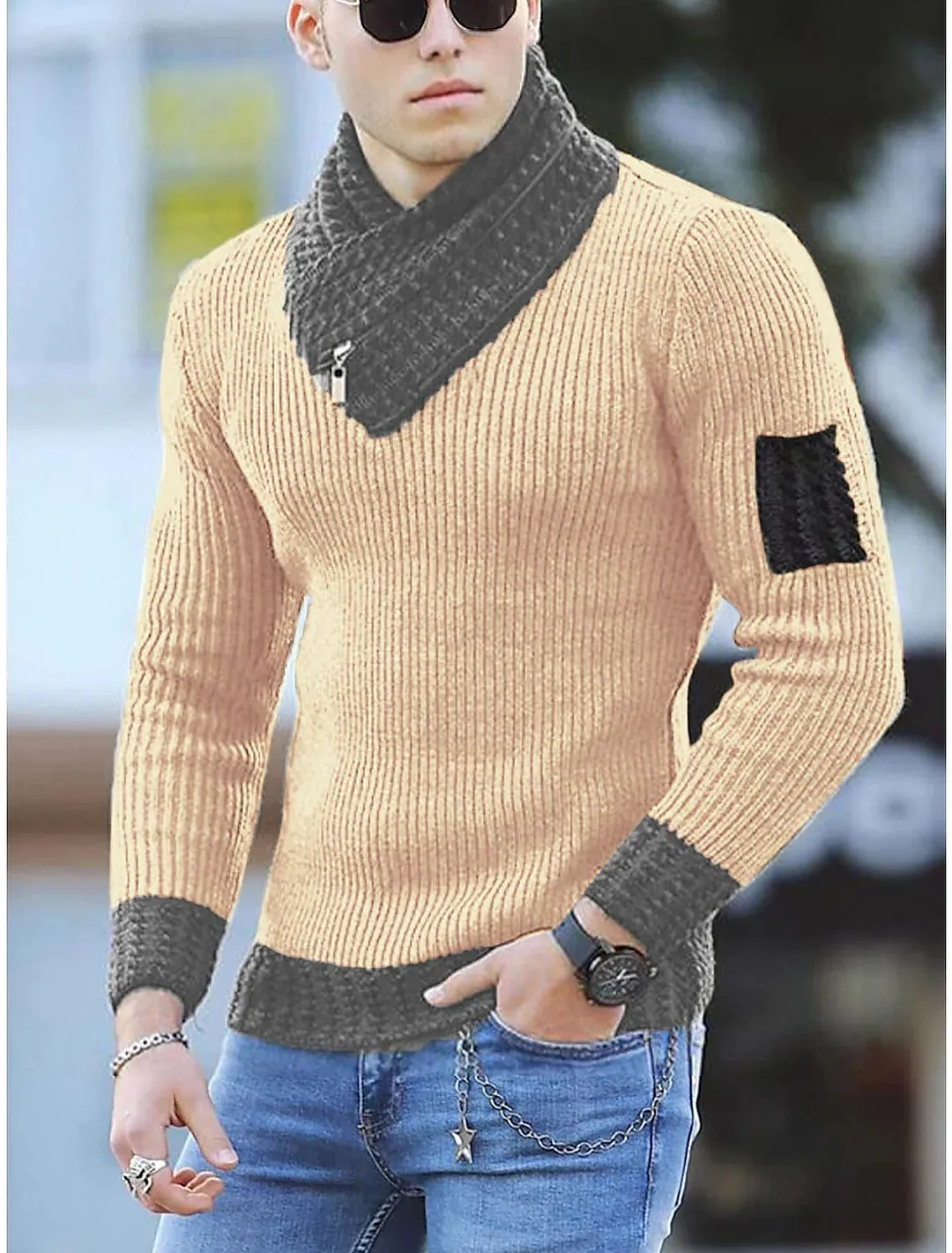 Wongn Wongn Men's Casual Slim Knit Jumper Long Sleeve Scarf Neck Sweater Men's Wear