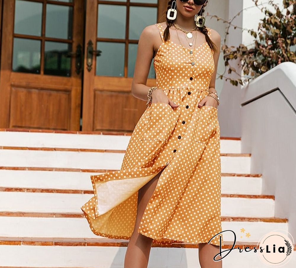 Casual Polka Dot Dress Sleeveless Holiday style high waist buttoned women's Dress Fashion Mid-length summer dresses NEW