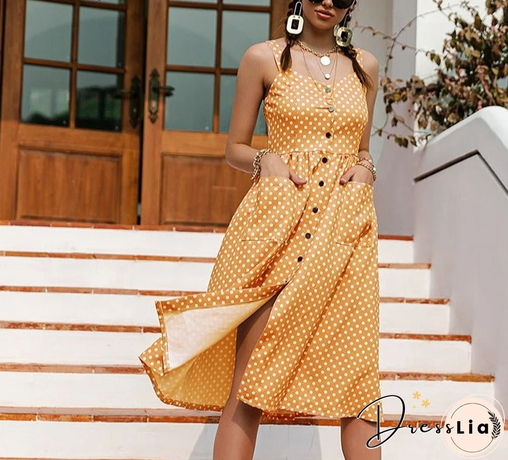 Casual Polka Dot Dress Sleeveless Holiday style high waist buttoned women's Dress Fashion Mid-length summer dresses NEW