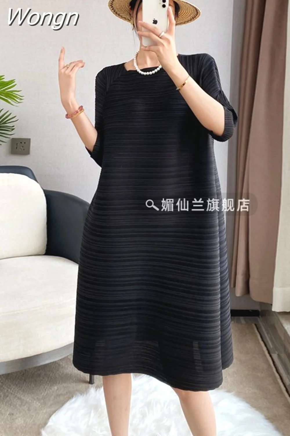 Wongn Pleated Dress Loose Covering Belly Large Size Elegant Party Dresses for Women Spring Summer 2023 New Skirt Robe