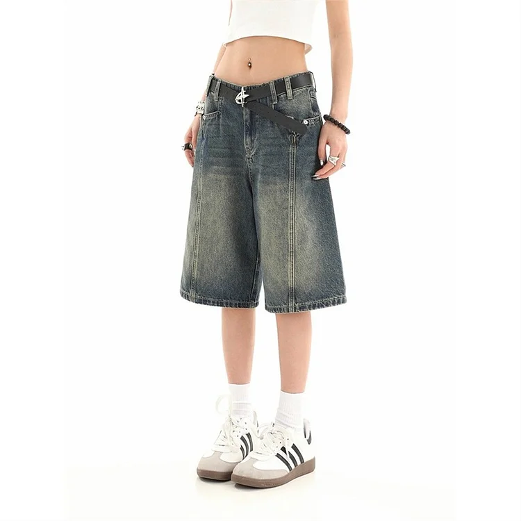 Xxkkx Women's Retro Washed Quarter Denim Shorts Vintage Street Style Wide Leg Capris Female High Waist Straight Kenn-length Jeans 5XL