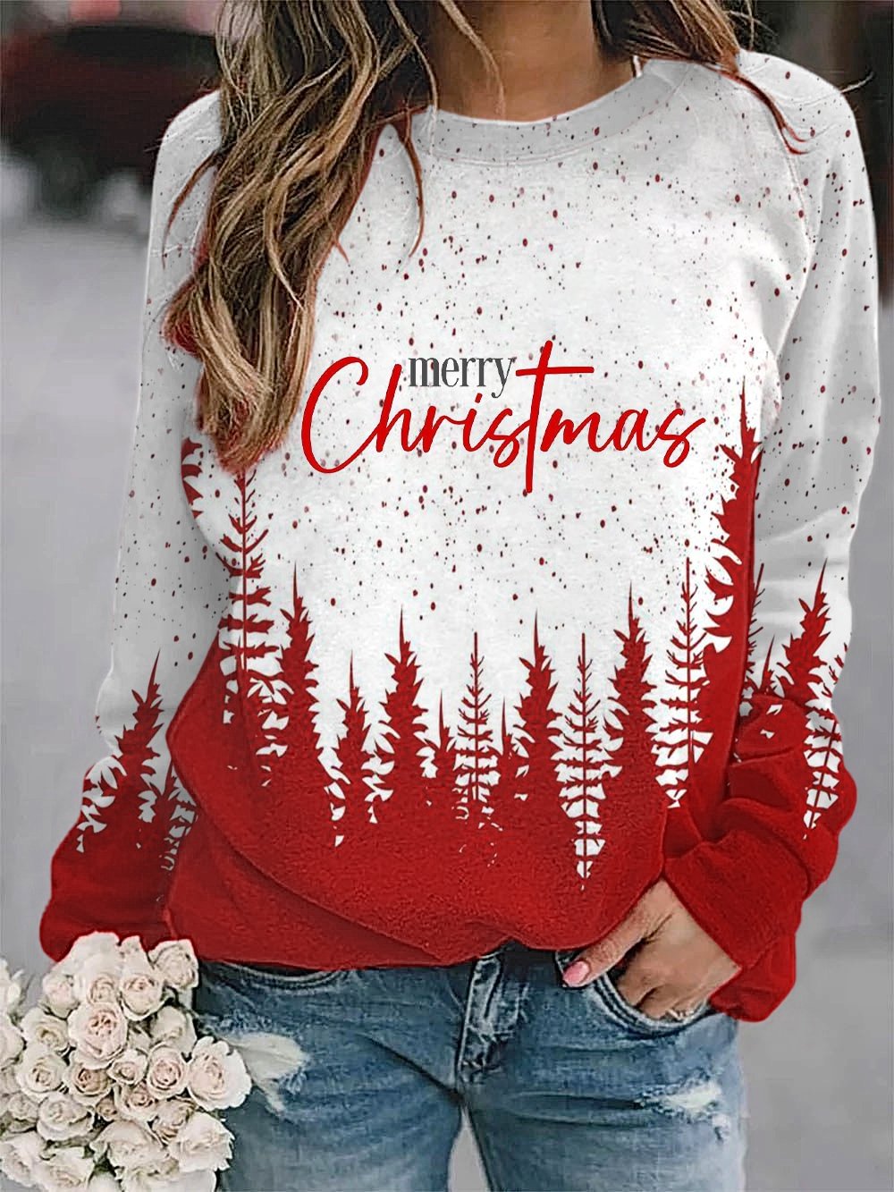 Merry Christmas Forest Print Sweatshirt