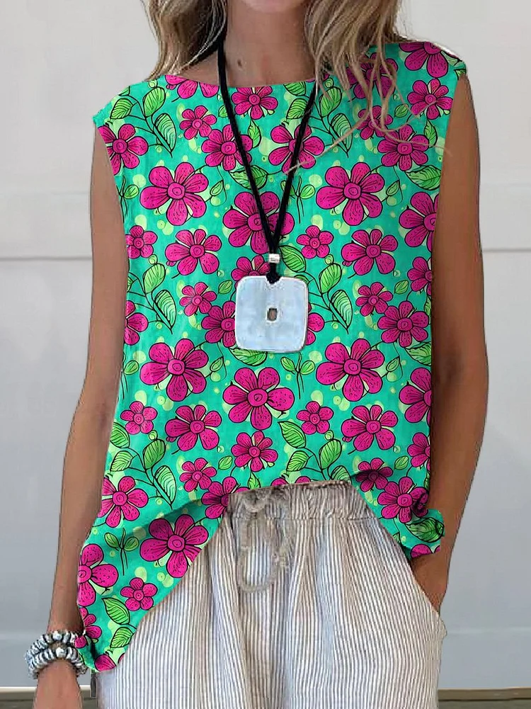 Pink Spring Floral On Green Background Seamless Repeat Pattern Printed Women's Casual Cotton And Linen Tank Top