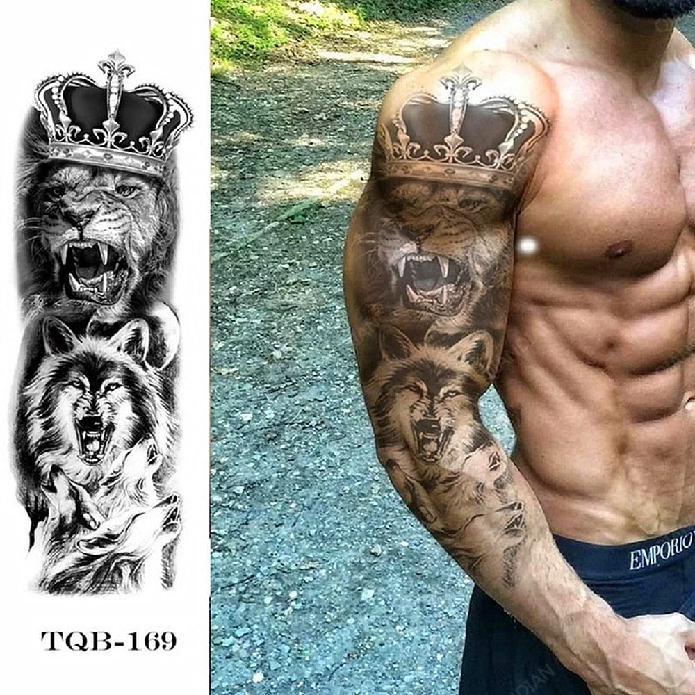 Full Arm Temporary Tattoo Lady Gun Eye Flower Tiger Lion Skull Eagle Women Body Leg Waterproof Sticker Cool Man Totem Sleeve