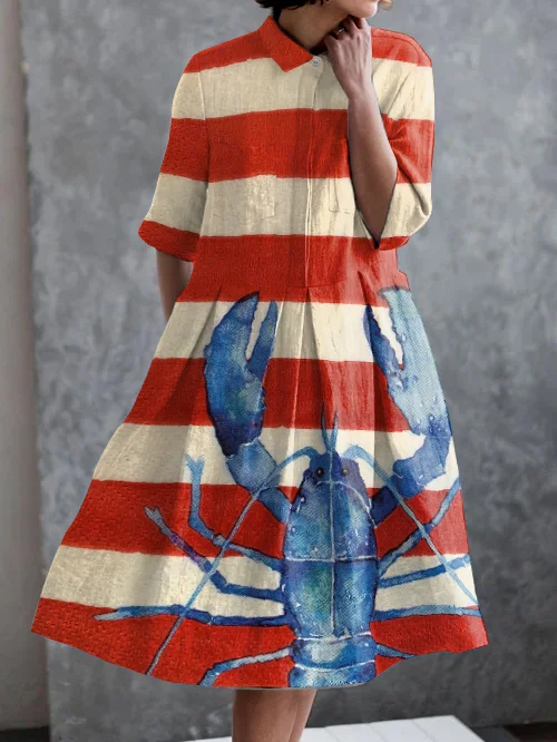 Vacation Abstract Stripe Lobster Print Casual Pocket Half Sleeve Dress