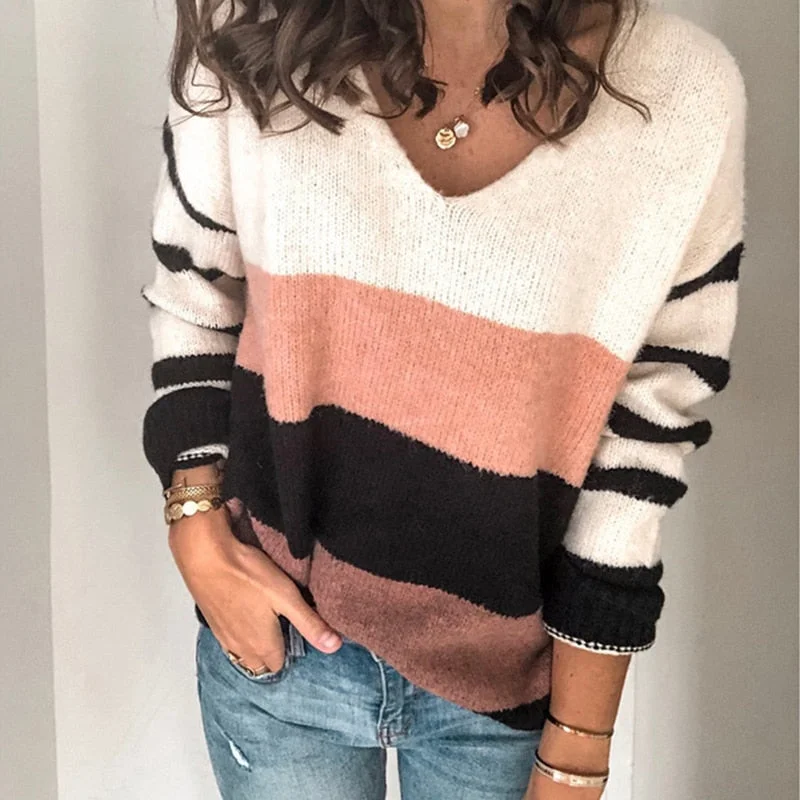 Graduation Gifts  Casual Sweater Patchwork Sweater Loose Inter-color V-neck Striped Top Fall 2022 Women Cashmere Sweater Women Warm Outerwear