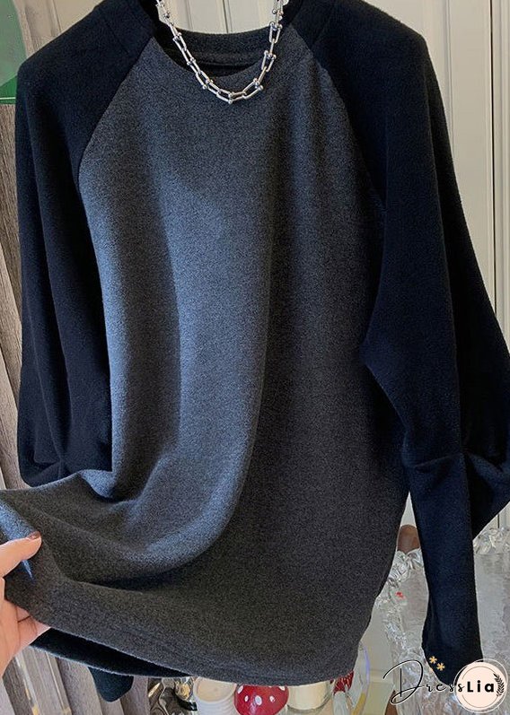 Simple Black O Neck Patchwork Cotton T Shirt Long Sleeve