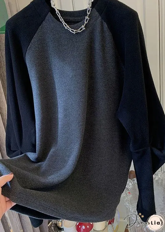 Simple Black O Neck Patchwork Cotton T Shirt Long Sleeve
