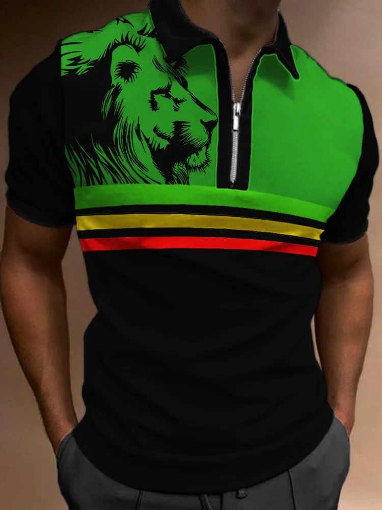 BrosWear Men's Lion Rasta Colorblock Stripe Zip Up Polo Shirt