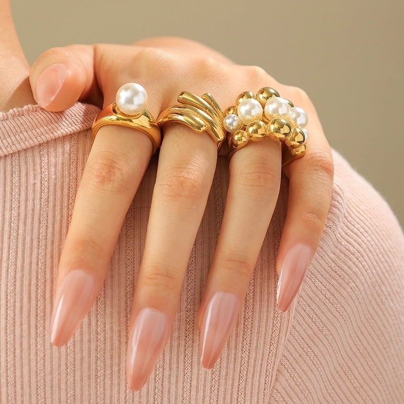 Minimalist Classic Style Commute Geometric 304 Stainless Steel Pearl 14K Gold Plated Inlay Rings