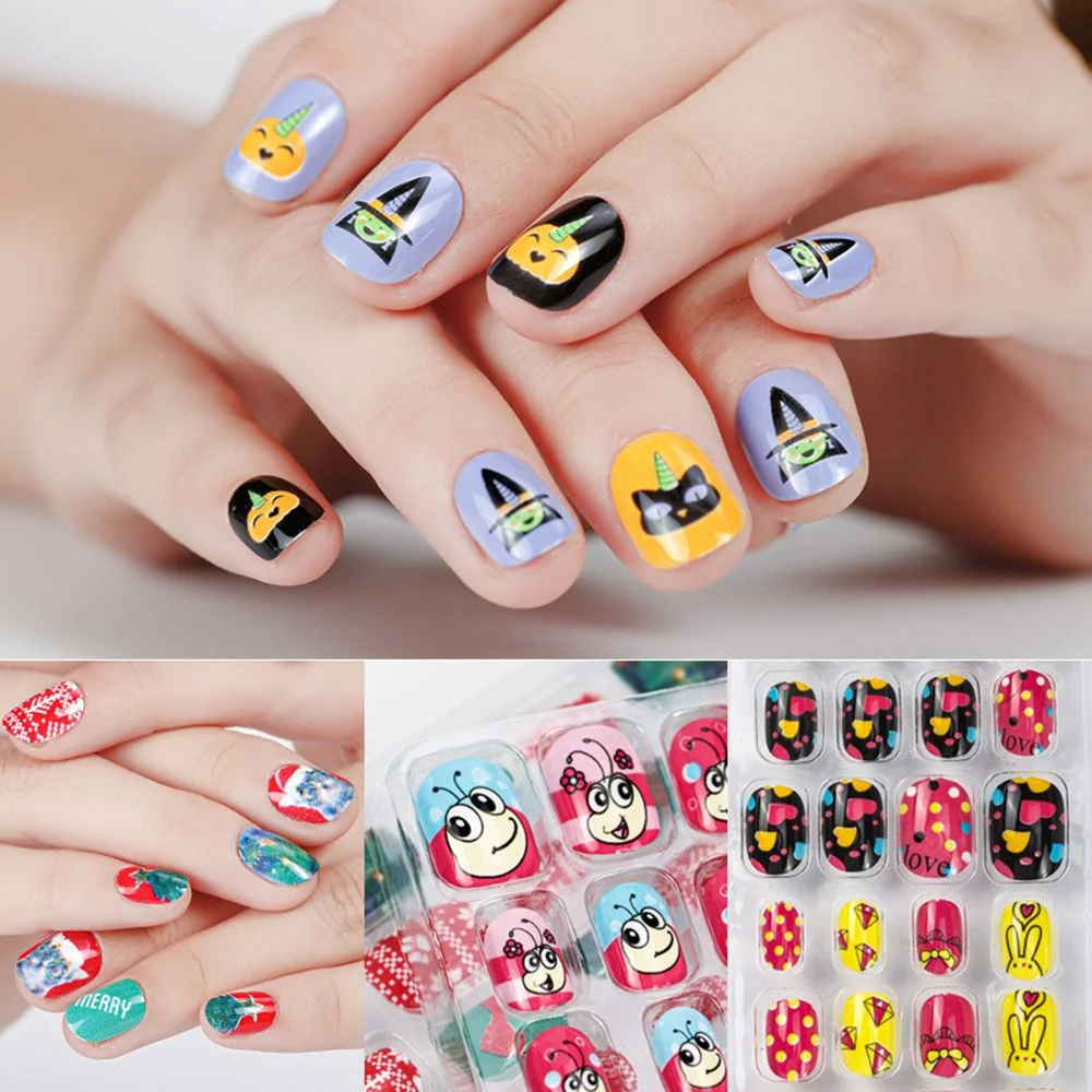 24Pcs/box Kids False Nails Press On Nail Cartoon Full Cover Fake Nails Snowflake Design Manicure Tips Nail Art for Children
