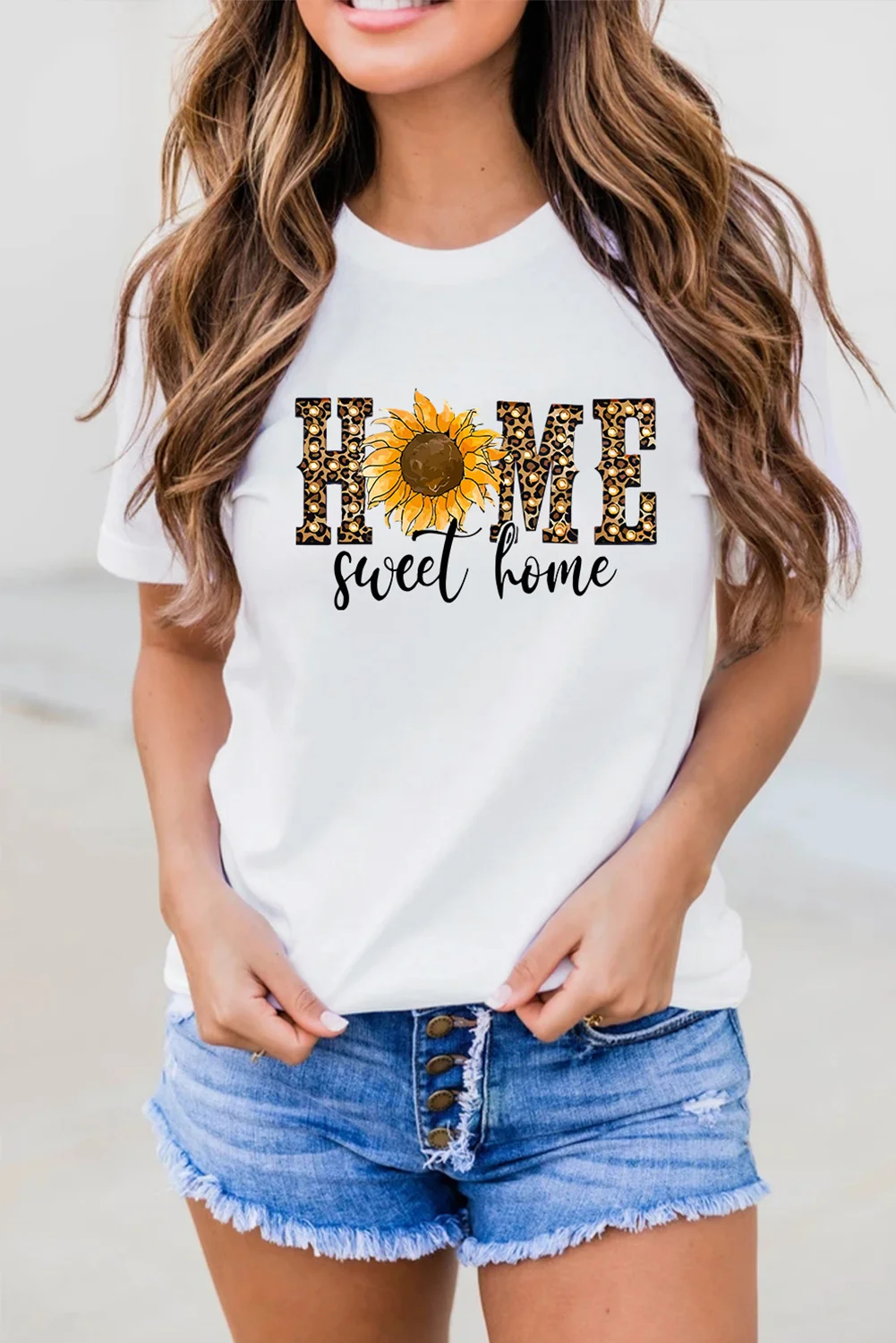 Sunflower Leopard Letter Print Crew Neck T-shirt