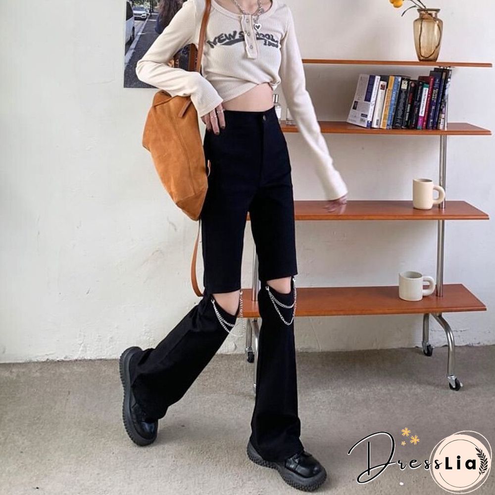 Fashion Hollow Out Streetwear Hole Women Jeans Summer High Waist Harajuku Straight Denim Pants Vintage Chain Y2K Wide Leg Pants